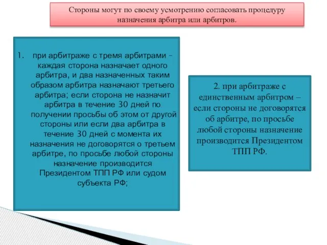 Стороны могут по своему усмотрению согласовать процедуру назначения арбитра или арбитров. при