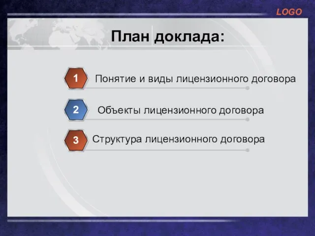 План доклада: Понятие и виды лицензионного договора 1 Объекты лицензионного договора 2 Структура лицензионного договора 3