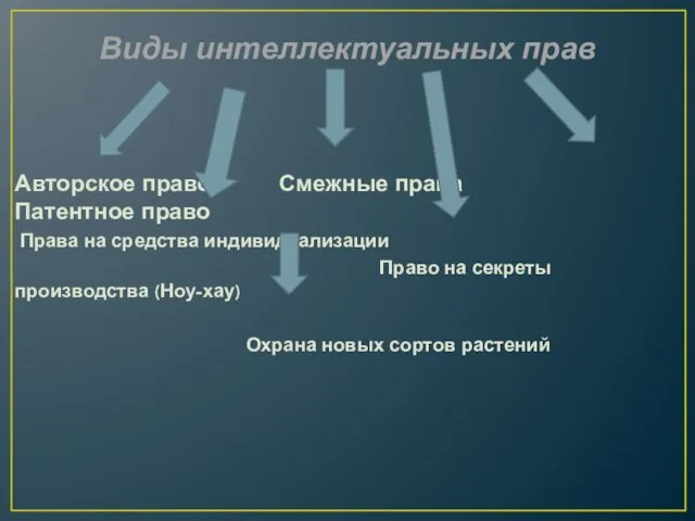 Виды интеллектуальных прав Авторское право Смежные права Патентное право Права на средства