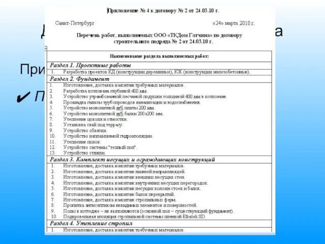 Договор строительного подряда Приложения к настоящему договору: Перечень работ