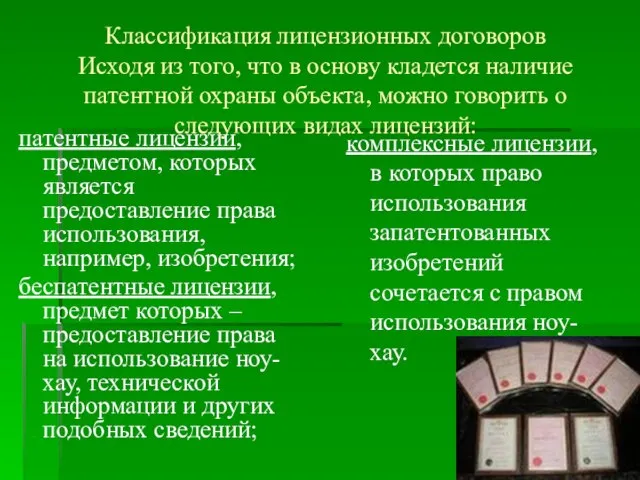 Классификация лицензионных договоров Исходя из того, что в основу кладется наличие патентной