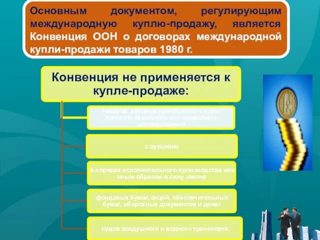 Основным документом, регулирующим международную куплю-продажу, является Конвенция ООН о договорах международной купли-продажи товаров 1980 г.