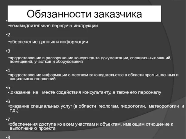 Обязанности заказчика 1 незамедлительная передача инструкций 2 обеспечение данных и информации 3