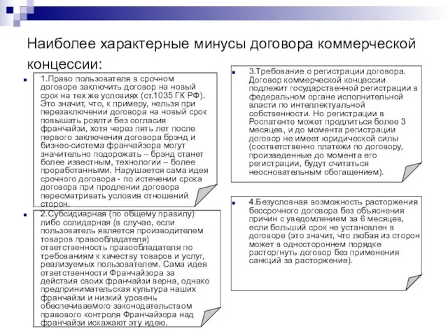 Наиболее характерные минусы договора коммерческой концессии: 1.Право пользователя в срочном договоре заключить