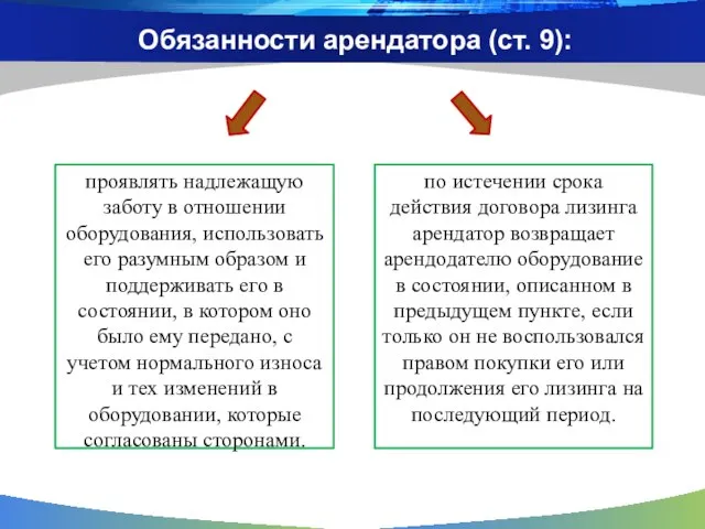 Обязанности арендатора (ст. 9): проявлять надлежащую заботу в отношении оборудования, использовать его