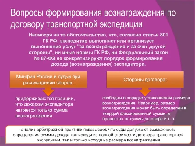 Вопросы формирования вознаграждения по договору транспортной экспедиции Несмотря на то обстоятельство, что,