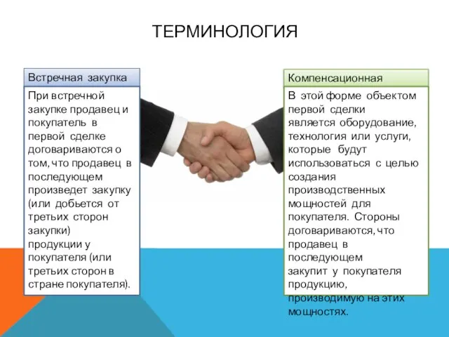 Терминология Встречная закупка При встречной закупке продавец и покупатель в первой сделке