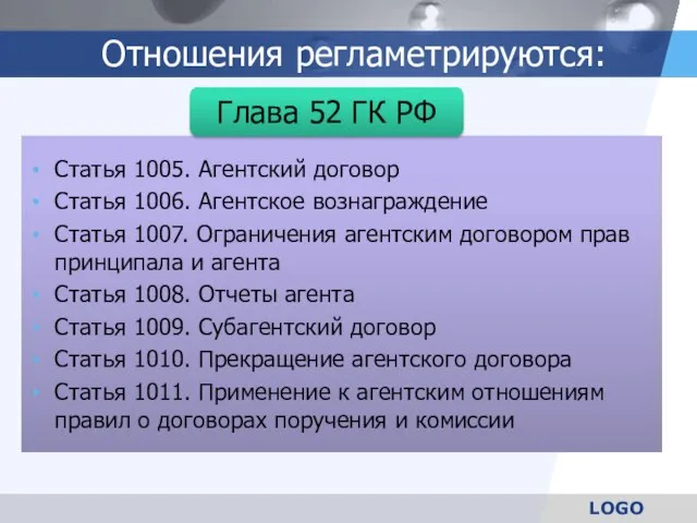 Отношения регламетрируются: Статья 1005. Агентский договор Статья 1006. Агентское вознаграждение Статья 1007.