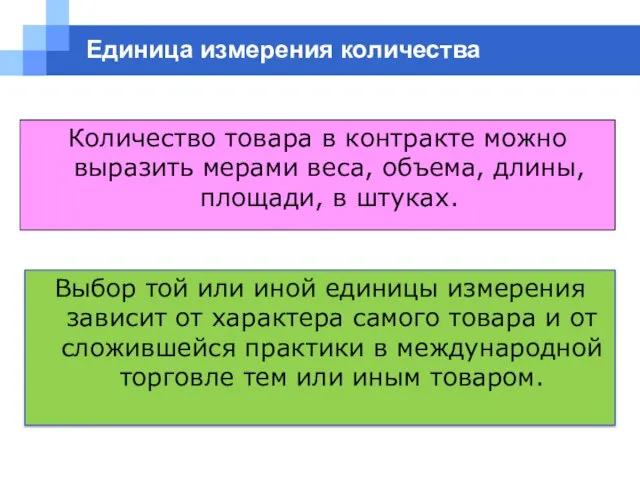 Единица измерения количества Количество товара в контракте можно выразить мерами веса, объема,