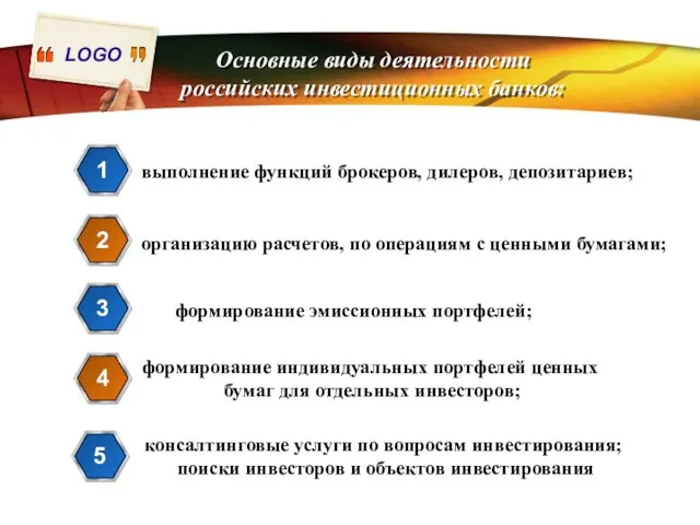 Основные виды деятельности российских инвестиционных банков: выполнение функций брокеров, дилеров, депозитариев; 1