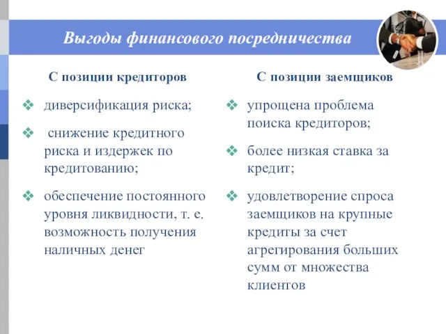 Выгоды финансового посредничества С позиции кредиторов диверсификация риска; снижение кредитного риска и