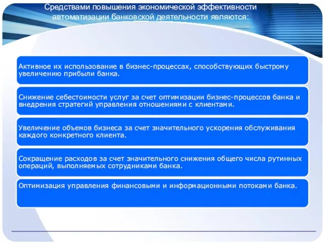 Средствами повышения экономической эффективности автоматизации банковской деятельности являются: