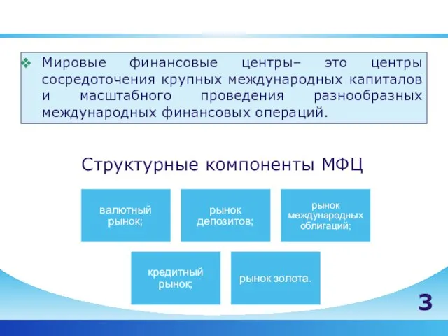 Структурные компоненты МФЦ Мировые финансовые центры– это центры сосредоточения крупных международных капиталов