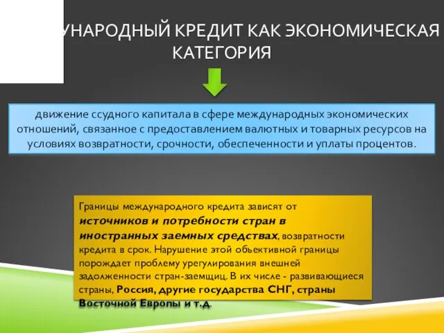 МЕЖДУНАРОДНЫЙ КРЕДИТ КАК ЭКОНОМИЧЕСКАЯ КАТЕГОРИЯ движение ссудного капитала в сфере международных экономических