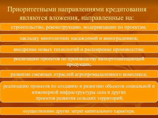 Приоритетными направлениями кредитования являются вложения, направленные на: строительство, реконструкцию, модернизацию по проектам;