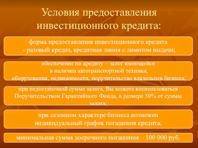 Условия предоставления инвестиционного кредита: форма предоставления инвестиционного кредита - разовый кредит, кредитная