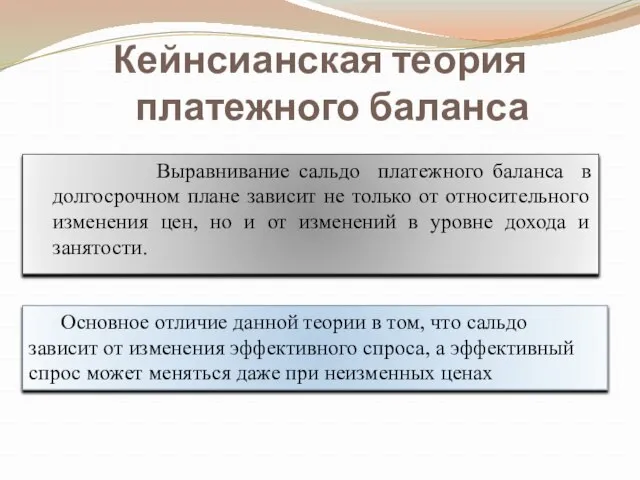 Кейнсианская теория платежного баланса Выравнивание сальдо платежного баланса в долгосрочном плане зависит