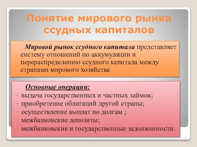 Понятие мирового рынка ссудных капиталов Мировой рынок ссудного капитала представляет систему отношений