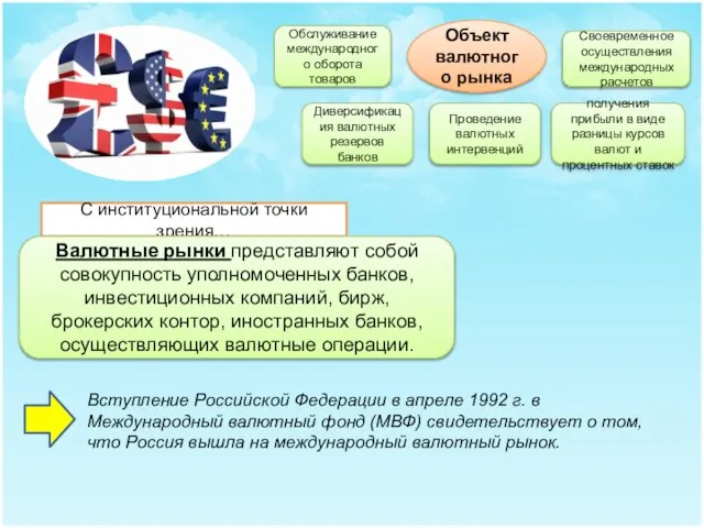 Объект валютного рынка Обслуживание международного оборота товаров Диверсификация валютных резервов банков Проведение