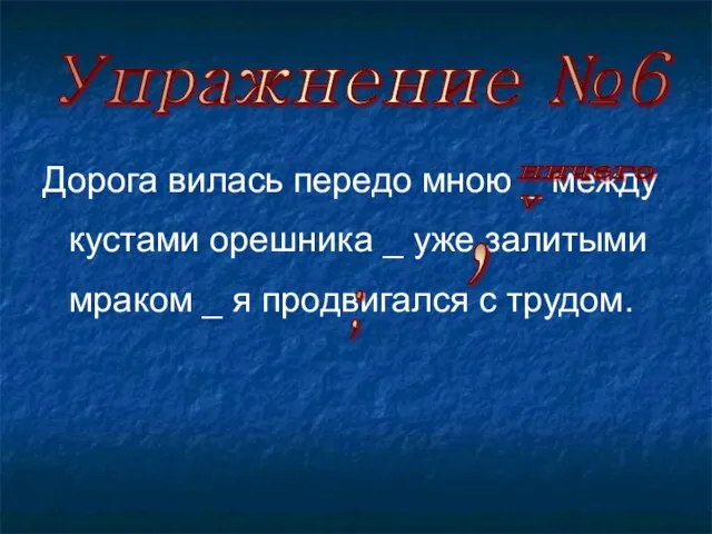 Упражнение №6 Дорога вилась передо мною _ между кустами орешника _ уже