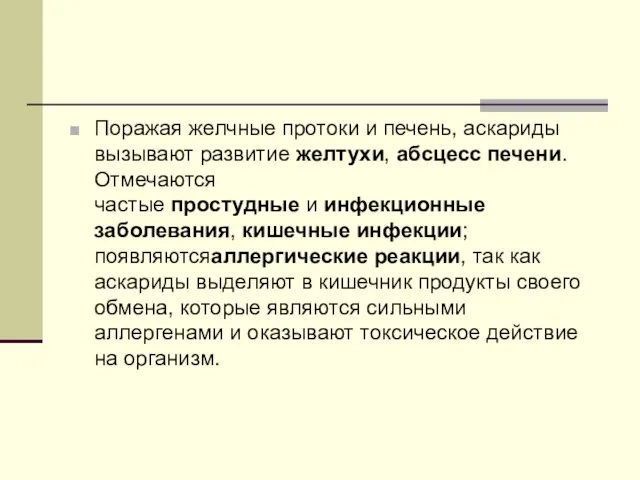 Поражая желчные протоки и печень, аскариды вызывают развитие желтухи, абсцесс печени. Отмечаются