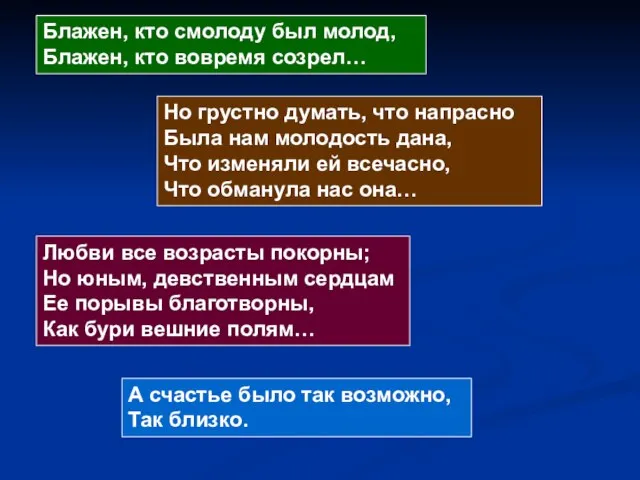 Блажен, кто смолоду был молод, Блажен, кто вовремя созрел… Но грустно думать,