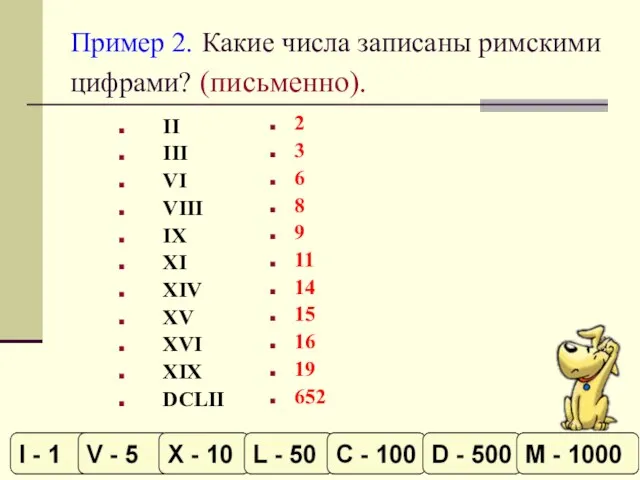 Пример 2. Какие числа записаны римскими цифрами? (письменно). II III VI VIII
