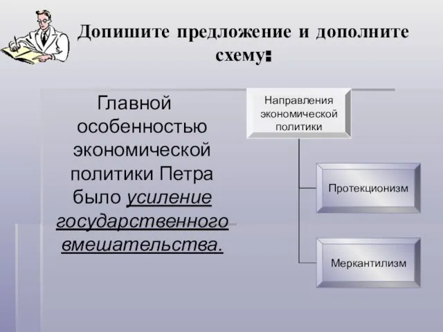 Допишите предложение и дополните схему: Главной особенностью экономической политики Петра было усиление государственного вмешательства.