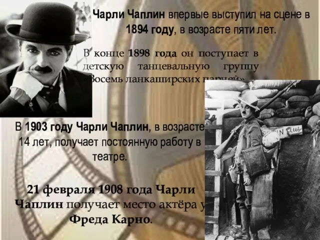 Чарли Чаплин впервые выступил на сцене в 1894 году, в возрасте пяти