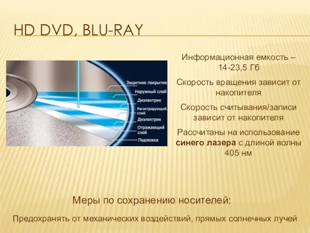 HD DVD, BLU-RAY Информационная емкость – 14-23,5 Гб Скорость вращения зависит от