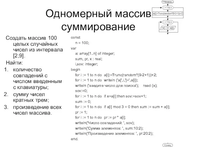 Одномерный массив суммирование Создать массив 100 целых случайных чисел из интервала [2;9].