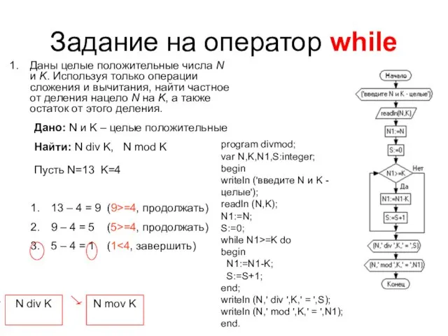 Задание на оператор while Даны целые положительные числа N и K. Используя