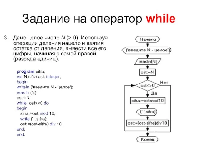 Задание на оператор while Дано целое число N (> 0). Используя операции