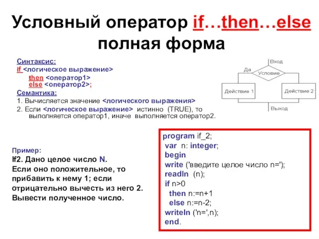Условный оператор if…then…else полная форма Синтаксис: if then else ; Семантика: 1.
