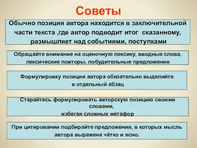 Советы Обычно позиция автора находится в заключительной части текста ,где автор подводит