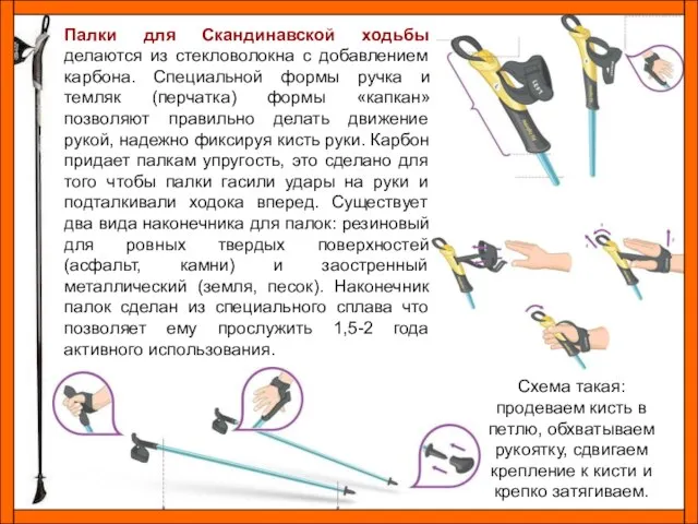 Палки для Скандинавской ходьбы делаются из стекловолокна с добавлением карбона. Специальной формы