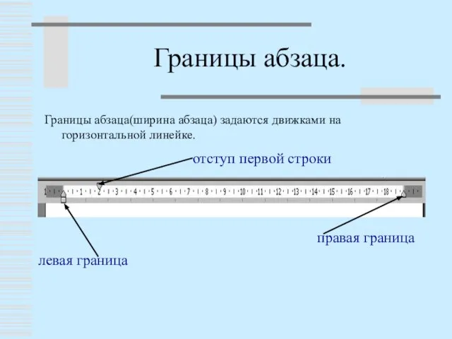 Границы абзаца. Границы абзаца(ширина абзаца) задаются движками на горизонтальной линейке. правая граница