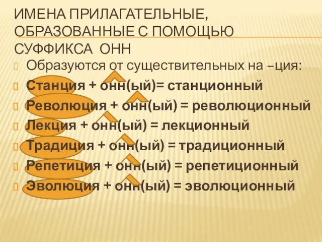 Имена прилагательные, образованные с помощью суффикса ОНН Образуются от существительных на –ция: