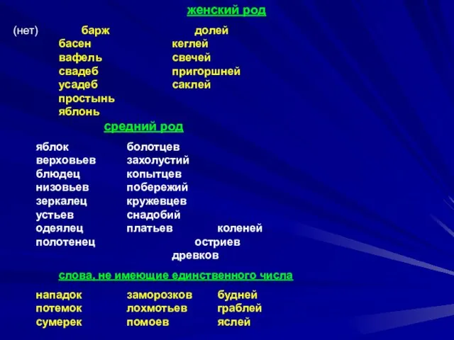 женский род (нет) барж долей басен кеглей вафель свечей свадеб пригоршней усадеб