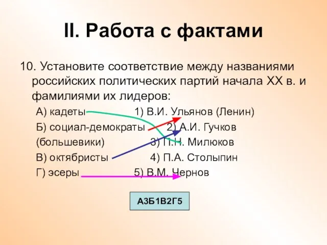 II. Работа с фактами 10. Установите соответствие между названиями российских политических партий