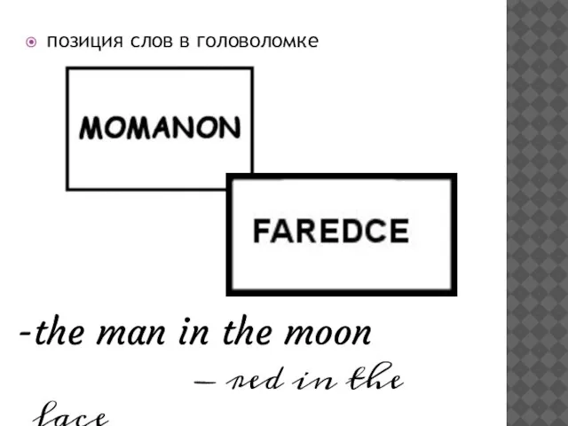 позиция слов в головоломке -the man in the moon - red in the face