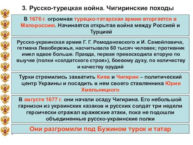 * 3. Русско-турецкая война. Чигиринские походы В 1676 г. огромная турецко-татарская армия