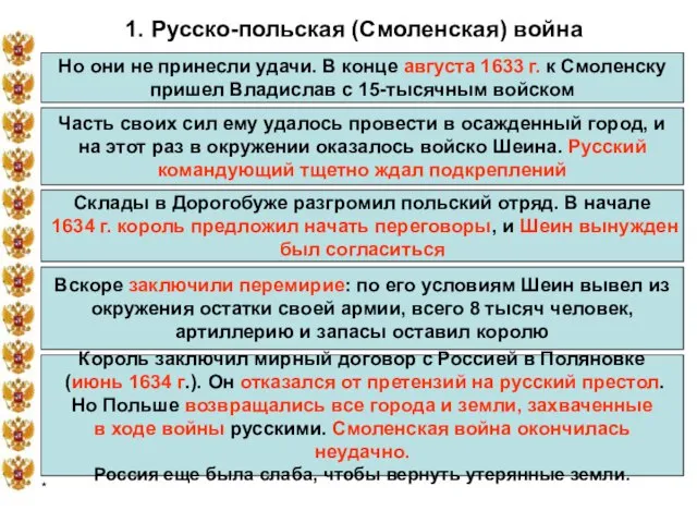 * 1. Русско-польская (Смоленская) война Но они не принесли удачи. В конце