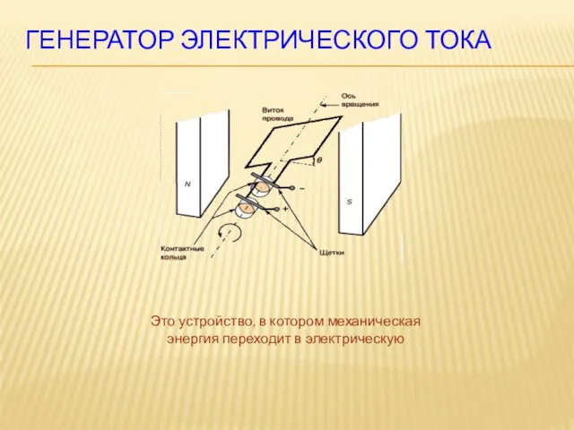 Генератор электрического тока Это устройство, в котором механическая энергия переходит в электрическую