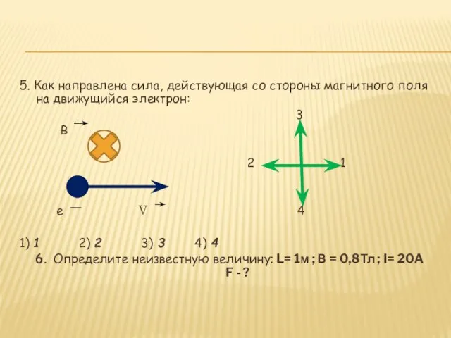 5. Как направлена сила, действующая со стороны магнитного поля на движущийся электрон: