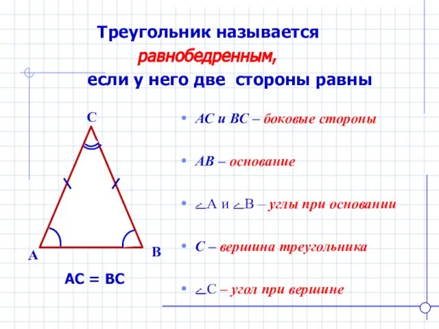Треугольник называется равнобедренным, если у него две стороны равны B A C