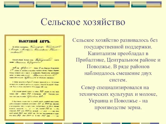 Сельское хозяйство Сельское хозяйство развивалось без государственной поддержки. Капитализм преобладал в Прибалтике,