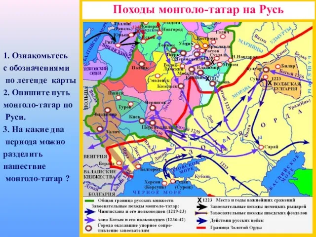 Походы монголо-татар на Русь 1. Ознакомьтесь с обозначениями по легенде карты 2.