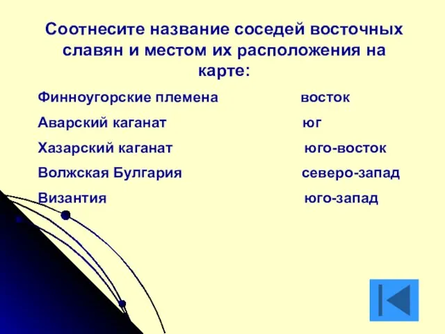 Соотнесите название соседей восточных славян и местом их расположения на карте: Финноугорские