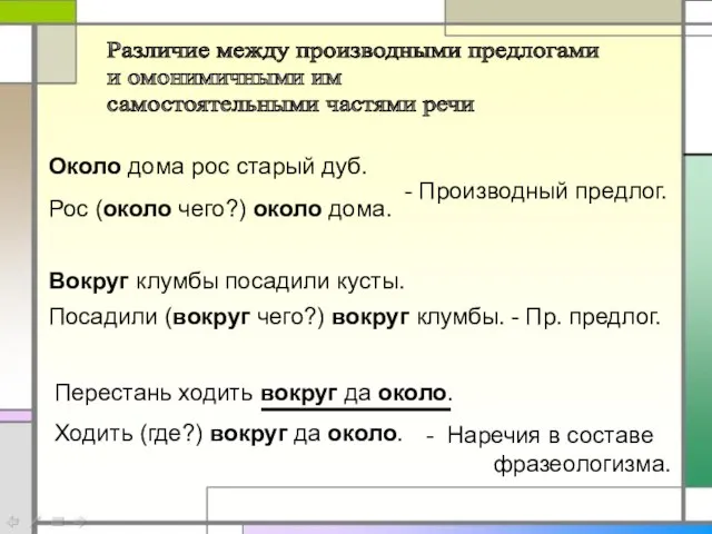 Около дома рос старый дуб. Вокруг клумбы посадили кусты. Различие между производными